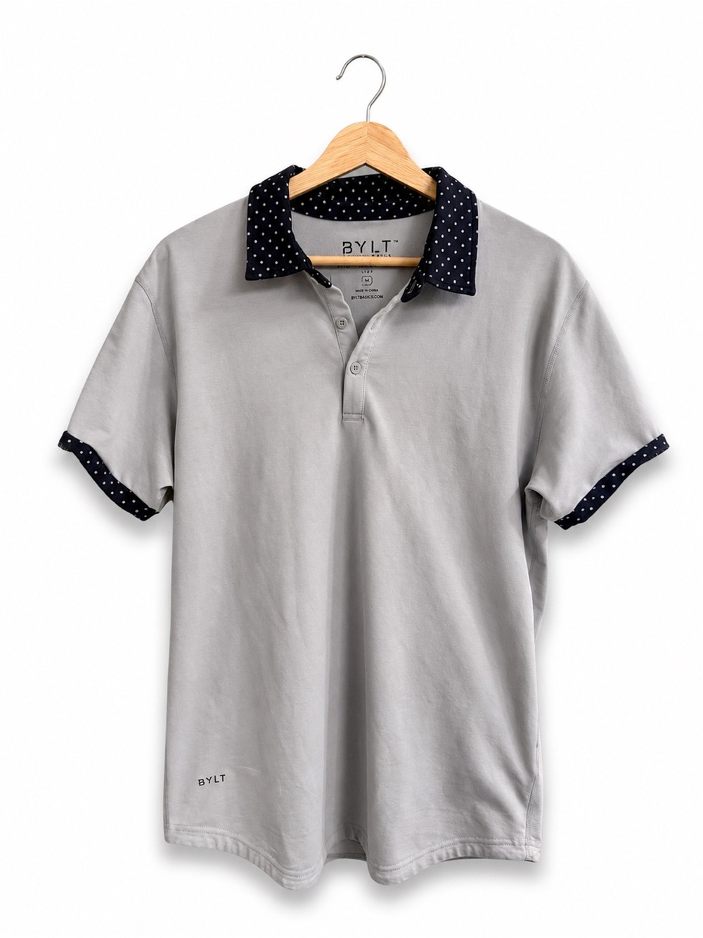 BYLT Premium Basics Drop Cut Lux Polo Gray Navy Polka Dot Men’s Medium
